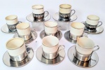 Lote constando 10 antigas xícaras para café, confeccionadas em metal, com recipientes em porcelana filetada a prata. Sendo dois conjunto, um com 4 e outro  com 6 peças.