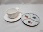 Lote composto de molheira em porcelana branca e petisqueira com 3 divisões em porcelana. Medindo a molheira 9,5cm de diâmetro x 6,5cm de altura.