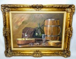 FLORÊNCIO - COMPOSIÇÃO BOÊMIA DE IMPRESSIONANTE REALISMO CARACTERÍSTICO DAS OBRAS DESSE ARTISTA QUE NOTABILIZOU-SE POR SUAS PINTURAS DE NATUREZA MORTA . MEDE 50 X 70 CM , ACOMPANHA MAJESTOSA MOLDURA EM MADEIRA DOURADA E DECORADA COM RICO TRABALHO MEDINDO 72 X 92 CM . ASSINADO NO C.I.D E DATADO DE 94 . PERFEITO ESTADO DE CONSERVAÇÃO . NOTA:  JOSÉ CARLOS DOS SANTOS, mais conhecido como Florêncio (Sete Lagoas, 19 de março de 1947) é um pintor e desenhista brasileiro. Em 1969 foi para o Rio de Janeiro. No Parque Lage frequentou classes de desenho e pintura com Edgar Walter, Osvaldo Teixeira, Chlau Deveza, Acélio Mello e Armando Viana. Sempre desenhando, produzia com várias técnicas. Em 1971 voltou para Belo Horizonte, onde trabalhou como desenhista publicitário e designer gráfico de embalagens. Em 1980 começou a pintar a óleo, apenas como hobby. Em 1989 passou a dedicar-se integralmente à pintura, assinando "Florêncio", que é sobrenome de família, mas que só usa como artista. Sua obra se mostra predominantemente voltada à pintura de naturezas mortas. Foi premiado com medalha de ouro pelo Salão Fundec - São Lourenço, em 1991, com um quadro enviado por um marchand. Participou de diversas coletivas em galerias e leilões ao redor do Brasil, onde seus quadros foram destaques em capas de catálogos. Suas obras têm sido comercializadas em diversas partes do mundo, principalmente na Europa.