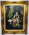 ISMERIA DE PAULA ( MARIA ISMÉRIA SILVEIRA DE PAULA ) - ANTIGA PINTURA FINAMENTE EXECUTADA A ÓLEO SOBRE TELA REPRESENTANDO CAÇADA . MEDE 50 X 66 CM . ACOMPANHA BELÍSSIMA MOLDURA EM MADEIRA DOURADA E DECORADA COM RICO TRABALHO MEDINDO 73 X 89 CM . ASSINADO NO C.I.D E DATADO DE 1948  . BOM ESTADO DE CONSERVAÇÃO (VER FOTOS EXTRA ) .