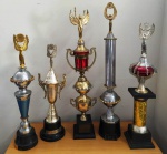 5 Troféus diversos  em plástico . O Maior mede 72  cm- No estado  (Fk)