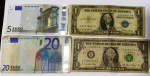 4 cédulas circuladas de EURO ( Primeira Série 2002 )  e DÓLAR ( Selo Azul )  - Abaixo do câmbio - No estado