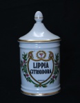 Pote de farmácia em porcelana francesa de Limoges, no padrão Vieux Paris, esmaltagem branca com frisos dourados. Identificador em negro ("LIPPIA CITRIODORA") Alt. 20 cm.  (Em função da fragilidade, recomendo o envio em caixa de isopor).