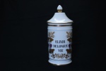 Pote de farmácia em porcelana francesa de Limoges, no padrão Vieux Paris, esmaltagem branca com frisos dourados. Identificador em negro ("ELIXIR DE LOUGUE VIE") Alt. 28 cm.  (Em função da fragilidade, recomendo o envio em caixa de isopor).