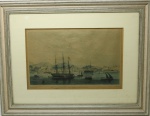 Antiga gravura colorida "RIO DE JANEIRO" Adolphe d'Hastrel - Vista da cidade, tomada do porto. G. Muller. Envidraçado e emoldurado. Med. 34x22 cm e moldura 42x55 cm.