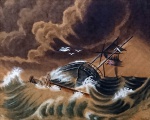 Assinatura não identificada. Inglaterra, século XIX. NAUFRÁGIO. Graciosa e movimentada aquarela inglesa representando cena de naufrágio, assinada no cid.
