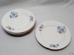 Jogo de 6 pratos rasos de mesa em porcelana Tcheca com flores azul e friso ouro. Medindo 24,5cm de diâmetro.