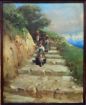 DARIO MECATTI,  Mulheres na Escada, óleo sobre tela, 35x43cm, assinado no cid.