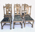 Seis cadeiras em Jacarandá, assento em couro. No estado, precisam de restauro. Med. 1,08x0,46x0,42 m.