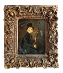 D. HOINET -  MÚSICO TOCANDO FAGOTE  OLEO SOBRE MADEIRA  RICAMENTE EMOLDURADO. EUROPA, MEADOS DO SEC. XIX. 45 X 38 CM (CONSIDERANDO O TAMANHO DA MOLDURA). SOMENTE A PLACA: 27 X 21 CM