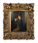 D. HOINET -  MÚSICO TOCANDO OBOÉ  OLEO SOBRE MADEIRA  RICAMENTE EMOLDURADO. EUROPA, MEADOS DO SEC. XIX. 45 X 38 CM (CONSIDERANDO O TAMANHO DA MOLDURA). SOMENTE A PLACA: 27 X 21 CM