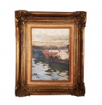 PRINCIPE PAULO GARARIN  OST  MARINHA COM CAIS E MONTANHAS DO RIO DE JANEIRO. OST. ASSINADO CANTO INFERIOR ESQUERDO. NO VERSO CACHÊ DA GALERIA RENATO MAGALHÃES GOUVEIA. LINDA OBRA DO ARTISTA COM BELA MOLDURA. 35 x 26 CM (SEM CONSIDERAR O TAMANHO DA MOLDURA) COM ELA 57 X 47 CM               NOTA: Paulo Gagarin (1885: São Petesburgo, Rússia 1980: Rio de Janeiro, RJ). Príncipe de sangue do Império russo deixou sua terra natal por causa da revolução bolchevique. Encantou-se com a exuberância da flora tropical e as cores do litoral brasileiro, que representou num estilo próximo dos pós-impressionistas. Em 1900 estudou na universidade de sua cidade natal. Serviu no exército russo, na Europa e na Ásia, entre 1911 e 1914. Nos anos de 1914 a 1918 combateu nas fileiras russas durante a Primeira Guerra Mundial. Emigrou para a França, em 1919, após o triunfo da revolução socialista de 1917, que implicou a derrocada do czarismo. Chegou ao Brasil em 1921, como copeiro do navio Pelotas, acompanhando o destino da maioria dos refugiados políticos russos da sua condição. Estudou no Liceu e na Universidade de São Petersburgo. Transferiu-se inicialmente para a França e depois para o Brasil, onde se naturalizou e fixou residência no Rio de Janeiro, em 1921. No ano seguinte realizou sua primeira individual no saguão da Associação dos Empregados do Comércio. Em 1925, ganhou menção honrosa no Salão Nacional de Belas Artes, e, no mesmo Salão, entre outras premiações, também obteve a grande medalha de prata e medalha de ouro. Em 1941, no Salão Paulista de Belas Artes, conquistou a grande medalha de prata. Faleceu em 1980 na cidade do Rio de Janeiro