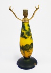 LOETZ/RICHARD  BELA BASE DE LUMINÁRIA EM VIDRO ARTÍSTICO COM FUNDO PREDOMINANTEMENTE AMARELO DECORAÇÃO COM CENA  LACUSTRE COM BARCO, MONTANHA E ÁRVORES. ESTILO E ÉPOCA ART DECO. GUARNIÇÃO EM METAL COM ARREMATE EM OURO. IMPÉRIO AUSTRO HUNGARO, INICIO DO SEC. XX.24 CM DE ALTURA