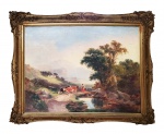 ESCOLA EUROPÉIA CENA RURAL  ÓLEO SOBRE CANVAS. ASSINATURA POUCO LEGÍVEL. LINDO QUADRO EUROPEU COM EXUBERANTE PAISAGEM RURAL. EM UMA ESTRADA A MÃE SEGURA UMA VARA EM UMA DAS MÃOS E UM BALDE DE ORDENHA NA OUTRA. O FILHO LHE SEGURA O BRAÇO. OS DOIS CONDUZEM VACAS PELO CAMINHO PARA ORDENHÁ-LAS. O CÉU É MAGNIFICO. UM RIACHO PASSA AO LARGO DO CAMINHO. COMPÕE AINDA A PAISAGEM MONTANHAS, UM GRANDE LAGO AO FUNDO, UMA FLORESTA E UM CASEBRE. BELA MOLDURA! EUROPA, PRINCÍPIO DO SEC. XIX. 96 X 81 CM COM A MOLDURA E SEM ELA 75 X 62 CM. (pequenos detalhes na moldura)