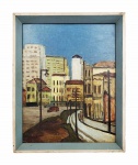 JOAQUIM TENREIRO  PAISAGEM URBANA - OLEO SOBRE PLACA DE MADEIRA. QUADRO RETRATANDO METRÓPOLE. PRODUÇÃO CARACTERÍSTICA DA DECADA DE 40. NA PARTE ASSINADO CANTO INFERIOR ESQUERDO. NA PARTE DE TRÁS DA PLACA CARIMBO COM CACHE DO VENDEDOR DA PLACA ALVARO P. XAVIER SECÇÃO DE PINTURA MOLDURAS MATERIAS DE DESENHO RUA SÃO JOSÉ, 82 TEL. 227071. BRASIL, DEC. 1940. 36 X 45 CMNOTA: Joaquim Albuquerque Tenreiro (Melo Guarda, Portugal 1906 - Itapira SP 1992). Designer, escultor, pintor, gravador e desenhista. Filho e neto de marceneiros, aos dois anos de idade muda-se para o Brasil com a família, fixando residência em Niterói, Rio de Janeiro. Retorna a Portugal em 1914, onde ajuda o pai a realizar trabalhos em madeira e inicia aulas de pintura. Volta a viver no Brasil entre 1925 e 1927. Em 1928, transfere-se definitivamente para o Rio de Janeiro, passando a freqüentar o curso de desenho do Liceu Literário Português e faz cursos no Liceu de Artes e Ofícios. Em 1931, integra o Núcleo Bernardelli, grupo criado em oposição ao ensino acadêmico da Escola Nacional de Belas Artes - Enba. Na década de 1940, dedica-se à pintura de retrato, de paisagem e de natureza-morta. Entre 1933 e 1943, trabalha como designer de móveis nas empresas Laubissh & Hirth, Leandro Martins e Francisco Gomes. Em 1942, realiza para a residência de Francisco Inácio Peixoto seu primeiro móvel moderno. Em 1943, monta sua primeira oficina, a Langenbach & Tenreiro e, alguns anos depois, inaugura duas lojas de móveis; primeiro no Rio de Janeiro e, posteriromente, em São Paulo. No final da década de 1960, Joaquim Tenreiro encerra as atividades na área da concepção e fabricação de móveis para dedicar-se, por mais 20 anos, exclusivamente às artes plásticas, principalmente à escultura. Em 1969, executa um painel para a Sinagoga Templo Sidon e, em 1974, dois painéis para o auditório do Senai, ambos na Tijuca.