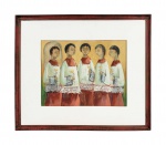 OMAR PELLEGATTA COROINHAS - OST -. 69 X 65 CM (CONSIDERANDO A MOLDURA) SEM ELA 53 X 45 CM  (COM A MOLDURA) SEM CONSIDERAR A MOLDURA 34 X 26 CMNOTA: O pintor e gravador Pellegatta nasceu em Busto Arsizio, na Itália, em 1925. Chegou à cidade de Santos, no litoral de São Paulo, em 1927. Estudou desenho na Associação Paulista de Belas Artes, em 1953, em São Paulo. Seu trabalho passou a ser caracterizado pelo casario colonial e temas sacros, onde o ser humano é apresentado sempre de modo idealizado, na figura de ternas madonas, santos, coroinhas ou cavaleiros. Em 1965 protagonizou sua primeira individual, na Galeria Carraro, em Porto Alegre (RS). Em 1974, foi para a Europa, onde visitou cidades interioranas da Itália e de outros países. Dentre as principais coletivas de que participou, estão o 1o Salão Nacional de Belas Artes (Rio de Janeiro, RJ, 1971, premiado com a medalha de bronze) o Salão Paulista de Belas Artes (diversas edições entre 1958 e 1977). Últimas mostras: Paisagem Paulista, no Masp, São Paulo, SP (1978); Salão Benedito Calixto (Itanhaém, SP, 1984); Coletiva, no Centro Cultural Brasil-Estados Unidos (Santos, SP, 1986); Coletiva, na Galeria de Arte Paranapuã (São Vicente, SP, 1987).(fonte Pró Arte)
