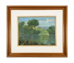 CAMPOS AYRES  RIO ATIBAYA EM CAMPINAS  - ÓLEO SOBRE PLACA  LINDA OBRA DO GRANDE PINTOR ICONOGRAFICO DOS RIOS CAMPINEIROS. 24 X 19 CM  (SEM A MOLDURA), COM A MOLDURA 39 X 34 CMNOTA: Diógenes Campos Ayres (Itapetininga SP 1881 - São Paulo SP 1944). Pintor, desenhista. De família do interior paulista, começa a pintar como autodidata em Avaré, São Paulo. Expõe pela primeira vez em 1906, na Casa Bevilácqua, em São Paulo. Em 1909 torna-se bolsista do Pensionato Artístico do Estado de São Paulo, regulamentado em 1912, e viaja para Paris. Estuda de 1909 a 1910 na Académie Julian, com Tony Robert-Fleury (1837-1912), pintor de retratos e composições históricas, presidente da Sociedade dos Artistas Franceses, Paul Albert Laurens (1870-1934) e Henri Paul Royer (1869-1938), integrante da chamada Escola de Nancy - interessada na representação das tradições regionais e na vida fora dos grandes centros urbanos -, que expõe diversas vezes no Brasil. Nas aulas, Ayres exercita os habituais estudos de figura, mas é nos passeios nos arredores de Paris que busca paisagens para seus quadros. Faz frequentes visitas ao Musée du Louvre Museu do Louvre, onde observa os paisagistas franceses do século XIX, em especial Jean-Baptiste-Camille Corot. Em 1914 retorna ao Brasil e em maio desse ano apresenta individual na Casa Mascarani, em São Paulo. Expõe em junho de 1917, na Casa Verde. Em fevereiro de 1919, participa da exposição Autos, na Casa di Franco, loja de instrumentos musicais, também em São Paulo, quando desperta a atenção de Monteiro Lobato (1882-1948), que lhe dedica um artigo elogioso no jornal O Estado de S. Paulo (ENCICLOPÉDIA ITAÚ)