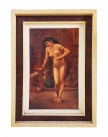 MIGLIACCIO EDMUNDO  ODALISCA  ACIE. LINDA OBRA de um dos maiores artistas ATIVOS NA primeira metade do sec. XX no Brasil. Brasil, PRIMEIRA METADE DO SEC. XX. 103 X 84 CM (considerando a moldura) 81 X 58 CM (SEM CONSIDERAR O TAMANHO DA MOLDURA). NOTA: Migliaccio estudou no Liceu de Artes e Ofícios e no Instituto Profissional Masculino do Brás, em São Paulo, consagrou-se como pintor neoclássico, destacando-se como retratista. Sua inspiração por Rembrandt esta evidente em suas obras, nas quais o contraste luz e sombra evocam profundidade e espiritualidade. Pintor de inúmeras telas dentre elas as três, "Jesus Crucificado", "Assunção de Nossa Senhora" e "Imaculada Conceição", que se encontram no interior da Basílica Santuário de Nossa Senhora da Conceição em Caconde, com destaque também a "Apóstolo São Paulo", que figura na Câmara Municipal de São Paulo, e "O Sertanista", no Acervo do Palácio dos Bandeirantes, em São Paulo. Era filho dos imigrantes italianos Domingos Migliaccio e Santa Frontieri. Na década de 1960, o artista, recebeu no Salão de Belas Artes, a visita do então governador Reynaldo de Barros. Vale ressaltar que naquele mesmo espaço, dedicado às artes, foi condecorado, em 1938, com Menção Honrosa; Medalha de Bronze, em 1941; Pequena Medalha de Prata, em 1947; Grande Medalha de Prata, em 1962; Pequena Medalha de Ouro, em 1963; Grande Medalha de Ouro, em 1983. Uma de suas mais famosas pinturas encontra-se exposta, na cidade de Chicago, Estados Unidos da América. Trata-se de um "Preto Velho" sentado à mesa; cachimbo à boca; vinho na taça; garrafão quase vazio. A cesta de taquaras recostada à parede do casebre e a moringa d'água; as beterrabas e os tomates próximos a uma bandeja de peixes, incorporam outro ângulo da cena. A faca, na parte posterior direita da mesa, parece esperar a hábil mão do preto velho acostumada à arte de descascar legumes. Os olhos parados no vácuo refletem a imagem da alma tranquila. Edmundo faleceu aos 80 anos, após ter conquistado grande fama nacional e internacional.