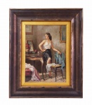 A. TOZO  INDECISÃO  OST  ASSINADO CANTO INFERIOR DIREITO. BELA PINTURA QUE REPRESENTA JOVEM EM PROVA DE ROUPAS. PELO QUARTO VÁRIAS JÁ ESTÃO SOBRE OS MÓVEIS A ESPERA DA DECISÃO DA QUE MELHOR LHE CONVENHA. A JOVEM ESTÁ SENTADA SOBRE A PENTEADEIRA E SE OLHANDO NO ESPELHO. EXCELENTE QUALIDADE DE EXECUÇÃO. INÍCIO DO SEC. XX. 74 X 60 CM (COM A MOLDURA) E SEM ELA 49 X 34 CM