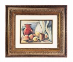 ALDO BONADEI  COMPOSIÇÃO COM FRUTOS  OSC  ACID  1965  BELA PINTURA DA FASE MAIS CONHECIDA E VALORIZADA DESSE IMPORTANTE ARTISTA DO GRUPO SANTA HELENA. ESSA OBRA EM PREGÃO ESTÁ REPRODUZIDA NA CAPA DO CATÁLOGO DO LEILOEIRO ANDRÉ CENSIN DE 4 DE NOVEMBRO DE 2009 (OCASIÃO EM QUE FOI ADQUIRIDA PELO COMITENTE).O CATÁLOGO ACOMPANHA A OBRA. BRASIL, 1965. 23 X 35 CM SEM CONSIDERAR O TAMANHO DA MOLDURA, COM ELA: 70 X 61 CMNOTA: Aldo Cláudio Felipe Bonadei (São Paulo, São Paulo, 1906 - Idem, 1974). Pintor, designer, gravador, figurinista e professor. Entre 1923 e 1928 é aluno de desenho do pintor Pedro Alexandrino (1856-1942), período em que também freqüenta o ateliê do pintor Antonio Rocco (1880-1944). Em 1929, Bonadei torna-se amigo do professor de arte Amadeo Scavone. Viaja para a Itália, entre 1930 e 1931, e freqüenta a Accademia di Belle Arti di Firenze Academia de Belas Artes de Florença, onde tem aulas com o pintor Felice Carena (1879-1966) e seu assistente Ennio Pozzi (1893-1972), ambos ligados ao movimento novecento. Nesse período, dedica-se ao desenho da figura humana, principalmente ao nu.  Retorna a São Paulo no início da década de 1930 e participa ativamente do Grupo Santa Helena, da Família Artística Paulista (FAP) e do Sindicato dos Artistas Plásticos. Integra de 1939 e 1941 o Grupo Cultura Musical, criado pelo psiquiatra Adolpho Jagle, que promove reuniões de artistas. Datam dessa época as suas primeiras experiências abstratas. Em 1949 leciona na Escola Livre de Artes Plásticas, primeira escola de arte moderna de São Paulo e participa do Grupo Teatro de Vanguarda. No ano seguinte, funda a Oficina de Arte (ODA), com Odetto Guersoni (1924-2007) e Bassano Vaccarini (1914-2002). No fim da década de 1950 atua como figurinista nas peças Vestido de Noiva, de Nelson Rodrigues (1912-1980), e Casamento Suspeitoso, de Ariano Suassuna (1927-2014), ambas encenadas pela Companhia Nídia Lícia - Sérgio Cardoso. Nesse período, desenha alguns figurinos para dois filmes dirigidos por Walter Hugo Khoury (1929-2003), Fronteiras do Inferno (1958) e Na Garganta do Diabo (1959). Aldo Bonadei, para o crítico Jacob Klintowitz, destaca-se entre os pintores do Grupo Santa Helena por sua formação mais erudita. O interesse por diferentes áreas leva-o a desenvolver atividades em poesia, moda e teatro. O artista tem importante atuação, entre os anos 1930 e 1940, na consolidação da arte moderna paulista e, como aponta a estudiosa Lisbeth Rebollo, é um dos pioneiros no desenvolvimento da arte abstrata no Brasil.