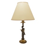 Luminária montada em petit bronze trabalhado em relevo, representando menino flautista.  Séc. XX. Pertenceu ao Espólio de Vitória Dib Bachour.