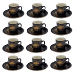 Conjunto de doze xícaras com pires para café de porcelana. Fundo preto com decoração dourada. No fundo marca da manufatura: AOA Japan. (6 x 8 cm / 12 cm). Pertenceu ao Espólio de Vitória Dib Bachour.