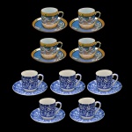 Conjunto de xícaras japonesas, sendo: A) Conjunto de cinco xícaras com pires para café de porcelana. Decoração em azul e branco. No fundo a inscrições: Made in Japan. (5 x 8 cm / 10 cm). B) Conjunto de quatro xícaras com pires para café de porcelana. Decoração em azul e ouro. No fundo as inscrições H. Made in Japan. Pertenceu ao Espólio de Vitória Dib Bachour.