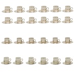 Conjunto de dezoito xícaras para café de porcelana nacional sem alças. Base e pires de metal prateado. Sendo: 12 com pires da manufatura Wolf / 6 com pires na forma de flor e 6 xícaras com alças trabalhadas. Pertenceu ao Espólio de Vitória Dib Bachour.