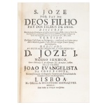 RARO - Autor: Torres, Pedro de // Título: S. JOZE POR PAY DE DEOS FILHO PAY DOS FILHOS DE DEOS. Discursos Extrahidos das Excellencias de S. José, que escreveo o M. R. e erudito Padre ..., da Sagrada Companhia de JESUS, natural do reyno de Chile nas Índias Occidentaes do Assumpto IV. Disc. XIII.  VERTIDO Da lingua Castelhana na Portuguesa, e confirmado na latina com a Authoridade do grande Pedro Morales insigne Doutor da mesma Companhia.  Dedicado Ao Muito Alto, Poderoso, E Fidelíssimo Rey D. Jose I. / Nosso Senhor, ... Pelo Padre João Evangelista Da Cruz E Costa, ... Lisboa: Na Officina De Domingos Gonsalves. M.Dcc.Lv (1755). Com todas as licenças necessárias.  // Informações: Raro. // 76 pp. // Encadernação em couro. // Med. 24 x 19 cm. // Ref.: Cf. DBS, VIII, 132; Palau, 336658. // Livro com vinheta ornamental com motivos de fantasia na página 59. Contém licenças descriminadas e sem taxa. Na página 8, das inumeradas vem uma gravura representativa de São José e o Menino, ornamentada com motivos de fantasia e ladeada por uma esquadria composta por dois filetes, que por sua vez, estão ornamentados com motivos de fantasia. Raro exemplar editado em todas as bibliografias especializadas.