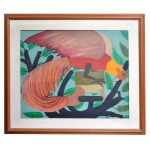 VALDOMIRO DE DEUS (Itagibá, BA - 1944) - Pássaro. Óleo s/ tela. Ass. cid. Datado 73. 61 x 71 cm (MI). 80 x 90 cm (ME). De origem humilde, leva uma vida itinerante pelo sertão baiano e norte de Minas Gerais, até vir para São Paulo em 1959, quando trabalha como engraxate. Começa a pintar em 1961, utilizando guache e cartolina encontrados na casa de um antiquário, onde trabalha como jardineiro. Acusado de negligência, perde o emprego e leva seus trabalhos para exposição no Viaduto do Chá - acaba vendendo dois deles para um americano no primeiro dia. Em 1962, o decorador Terry Della Stuffa fornece-lhe material e um lugar para pintar e, em 1966, faz a sua primeira exposição individual na Fundação Armando Álvares Penteado, Faap. Vive de sua arte desde a década de 60, pintando o cotidiano e o folclore de sua terra natal: festas populares, histórias sobre mula-sem-cabeça e lobisomens, bem como imagens escatológicas e eróticas. As figuras humanas são sempre mulatas, nunca brancas ou negras. Em todas as telas há a presença de três cachorrinhos. É considerado o maior primitivista brasileiro ao lado de José Antônio da Silva e Djanira. É reconhecido internacionalmente como um dos mais criativos pintores naifs. Em 1983, é premiado com a Awarding the Statue of Victory pelo Centro Studi e Ricerche Delle Nazioni, na Itália.