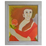 ELZA O. S.  Mulher com Flor. Óleo s/ tela. Ass. cie. Ass. e datado no verso, 1974. 50 x 48 cm (MI). 63 x 51 cm (ME).