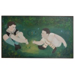 IVAN DE MORAES (Rio de Janeiro, RJ, 1936) - Crianças. Óleo s/ tela. Ass. 66 x 102 cm. Tinha nível superior, formado pela Escola de Serviço Social, e pintava desde a infância. Posteriormente estudou no Instituto Municipal de Belas Artes e com Ivan Serpa, mestre incomparável e descobridor de vocações, expus no Museu de Arte Moderna do Rio de Janeiro quando, então, este espaço dava grande estímulo a pintura espontânea. Suas temáticas mais frequentes são inspiradas da figuração dos cultos religiosos afro-brasileiros da Bahia e as baianas com suas vestes brancas rendadas que ele capta com riqueza de detalhes. À alegria da cor, ele funde o mistério da cenografia, onde os personagens estão envolvidos no luxo da natureza tropical, ostentando trajes de festa e expressões de felicidade, escreveu Walmir Ayala no seu Dicionário de Pintores Brasileiros em 1997.