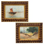 RICCIARD. Pendant - Marinha com Barcos e Menina no Bosque. Óleo s/ tela. Ass cid. 17 x 24 cm. Molduras de madeira entalhada e patinada.