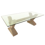 Mesa para jantar composta de tampo em espesso vidro de dimensão retangular e pernas em pedra na forma de V com base. Trave de madeira para apoio. 77 x 240 x 110 cm.