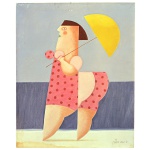 GUSTAVO ROSA (São Paulo, 1946 - 2013) - Banhista. Giclée s/ tela. Ass. cid e no verso 2001. Titulado no verso. 96 x 78 cm. Gustavo Rosa foi um artista plástico brasileiro, conhecido por suas figuras coloridas, alegres, bem humoradas e de apelo popular e comercial. Obra reproduzida no Catálogo 8 Artistas Brasileiros Contemporâneos, da 1ª. exposição realizada na Casa das Rosas que reúne 8 dos mais representativos pintores brasileiros. O Giclée como Instrumento de Divulgação da Arte Brasileira  A Argento, uma empresa brasileira voltada para a fine prints, está apresentando ao circuito nacional e internacional uma tecnologia que é considerada o que há de mais sofisticado em termos de impressão de qualidade. Trata-se do Giclée (da palavra de origem francesa Gicleur que significa injetor) técnica de altíssimo padrão, cujo processo foi divulgado em 1994 por Jack Duganne e especialmente usado na reprodução de obras de arte. Um fenômeno corrente nas Artes Visuais é o da reprodução, a partir de originais, prática que teve origem por volta do século XVI com a difusão da xilogravura e, mais tarde com as técnicas do claro-escuro, água forte, litografia (século XVIII) a serigrafia, adotada de forma inteligente pela Pop Art já nos meados do séc. XX. Assim ao desenvolver a técnica do giclée sobre tela, aprimora e amplia a visibilidade do acervo artístico brasileiro contribuindo para a sociabilização da Arte Nacional, uma vez que o menor custo de uma reprodução de qualidade, permite a presença do artista e de sua criação em um maior número de locais e logradores públicos de nossa comunidade, e nas coleções particulares.