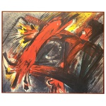 TOMOSHIGE KUSUNO (Yubari, Japão, 1935) - Ôpa. Giclée s/ tela. Ass. e datado, 1986. 78 x 98 cm. Desenhista, pintor, artista visual, professor e gravador. Estuda na Universidade de Arte e toma parte no Núcleo de Arte de Vanguarda, em Tóquio, Japão, na década de 1950. Imigra para o Brasil em 1960, fixando-se em São Paulo. Obra reproduzida no Catálogo 8 Artistas Brasileiros Contemporâneos, da 1ª. exposição realizada na Casa das Rosas que reúne 8 dos mais representativos pintores brasileiros. O Giclée como Instrumento de Divulgação da Arte Brasileira  A Argento, uma empresa brasileira voltada para a fine prints, está apresentando ao circuito nacional e internacional uma tecnologia que é considerada o que há de mais sofisticado em termos de impressão de qualidade. Trata-se do Giclée (da palavra de origem francesa Gicleur que significa injetor) técnica de altíssimo padrão, cujo processo foi divulgado em 1994 por Jack Duganne e especialmente usado na reprodução de obras de arte. Um fenômeno corrente nas Artes Visuais é o da reprodução, a partir de originais, prática que teve origem por volta do século XVI com a difusão da xilogravura e, mais tarde com as técnicas do claro-escuro, água forte, litografia (século XVIII) a serigrafia, adotada de forma inteligente pela Pop Art já nos meados do séc. XX. Assim ao desenvolver a técnica do giclée sobre tela, aprimora e amplia a visibilidade do acervo artístico brasileiro contribuindo para a sociabilização da Arte Nacional, uma vez que o menor custo de uma reprodução de qualidade, permite a presença do artista e de sua criação em um maior número de locais e logradores públicos de nossa comunidade, e nas coleções particulares.