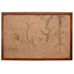 ANDRE DERAIN (Chatou, França, 1880 - Garches, 1954) - Desenho. 34 x 54 cm. Apresenta marca atelie Andre Derain. Pintor francês totalmente autodidata, começou a pintar com quinze anos. Se encontrou com Matisse e depois com Vlaminck em 1900, pintaram juntos e desenvolveram suas ideias com a cor em suas obras de arte.Depois de ver uma exposição de telas de Van Gogh em 1901, Derain reforçou o uso das cores puras em suas telas. Montou um ateliê em Chatou, perto de Paris - em parceria com Maurice de Vlaminck (1876-1958). Este ateliê se tornou o centro de difusão do Fauvismo. Mas finalmente ambos decidiram ir embora para Paris. Derain se inscreveu como aluno na Academia Carrière, onde conheceu Matisse.Ao contrário dos colegas, o jovem pintor se interessava principalmente pela arte das academias e dos museus e paradoxalmente abandonou o fauvismo pelo cubismo. Logo após o término da I Guerra Mundial, aplica-se aos valores clássicos, pintando retratos, paisagens e naturezas-mortas, predominando quase que sempre os tons castanhos avermelhados. Fez notáveis xilogravuras em cores, cenários e figurinos para teatro, além de esculturas e cerâmicas.A obra de Derain mostrou uma superfície mais tranquila que o resto dos fauvistas, produto da aplicação de tonalidades quentes e harmônicas. Sua obra agradou tanto ao galerista Vollard que ele tentou repetir com esse artista o sucesso alcançado com Monet, organizando em Londres uma exposição com suas obras mais fauvistas. No entanto, ao voltar, o pintor assinou um contrato com Kahnweiler, o marchand de Picasso. Foi assim que Derain entrou em contato com a elite cubista e abandonou o fauvismo.