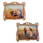 Pendant de pinturas em vidro policromado, com representação de camponeses trabalhando. Moldura em bronze recortada e vazada com banho de ouro. França. 16 x 23 cm.