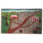 JOSÉ ANTONIO DA SILVA (Sales de Oliveira, 1909  São Paulo, 1996) - Plantação. Óleo s/ tela. Ass. cid. 60 x 100 cm. Artista (pintor e escritor) autodidata, pintou o desbravamento e a implantação da agricultura na região noroeste do estado de São Paulo. Viveu a maior parte de sua vida na cidade de São José do Rio Preto onde existe um museu, fundado por ele próprio, com algumas de suas obras. É considerado um artista naif ou primitivo. Autor de livros, como o "Romance de Minha Vida", publicado em 1949, "Maria Clara" em 1970 e "Sou pintor, sou Poeta" em 198. Também gravou dois Long Plays em Vinil contando "causos" e falando sobre sua vida. Foi retratado em um curta-metragem dirigido por Carlos Augusto Calil " Quem não conhece o Silva?". Retratou em sua obra a transformação da mata em lavoura e a transformação de um país agrário em urbano.