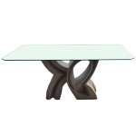 Mesa para jantar apresentando tampo de vidro de forma retangular e base de pedra assinada Rocha. 1,70 x 0,90 (medida do tampo). 77 cm (altura do pé).