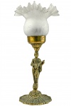 ANOS 40/50 - Belíssima Luminária de Mesa, executada em bronze, representando Arlequim, pés quadripóides, cúpula no padrão Tulipa, na tonalidade branca. Altura: 32 cm. clxx