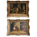 Escola de David Teniers. (Atribuído) Pendant de pinturas. Óleo sobre madeira. Séc. XVII. 45 x 65 cm. David Teniers. Foi um pintor flamengo do período barroco. David Teniers procurava dar a seus quadros um toque humano, caloroso, às vezes com uma pitada de humor. Foi aluno do pai, o pintor David Teniers, o Velho, e de Adriaen Brouwer. Altamente apreciado em vida, especializou-se em cenas de gênero da vida camponesa. Seus primeiros trabalhos nessa linha, como Camponeses tocando música (Alte Pinakothek, Munique), denotam a influência do mestre Brouwer. Em 1633, a guilda de Antuérpia aceitou-o como mestre e, quatro anos depois casou-se com Anna, filha do pintor Jan Bruegel, o Velho.