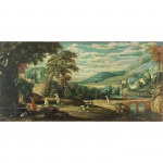 Marten Ryckaert (1587 - 1631). Paisagem. Óleo sobre madeira. Com selo no verso. 13,5 x 28 cm. Foi um pintor de paisagens flamengo . Ele era conhecido por suas paisagens pequenas, geralmente imaginárias , em estilo italiano.