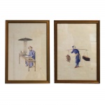 Par de gravuras com figuras orientais. China, Séc. XIX/XX. Assinado. 59,5 x 39,5 cm