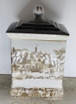 Biscoiteira de cerâmica vitrificada com tampa acabamento com desenhos de paisagem . 20 x 15 x 34 cm de altura