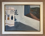 Fang, Chen Kong (1931-2012). Canto de quarto com janela e biombo. Óleo sobre tela. 60 x 80 cm. Medida total com a moldura: 86 x 106 cm.