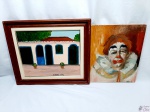 Lote composto de tela com pintura de palhaço e quadro óleo sobre tela com moldura em madeira. Medindo a moldura 53cm x 45cm.