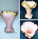 Belo antigo vaso em louça  , em formato de tulipa rosa ocre com bordas em dourado , com 14 x 14 x 18 cm de alt