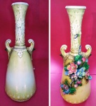 Fabuloso vaso em faiança italiana, do Séc. XIX, na cor Pastel, todo decorado com flores, ramagens em relevo, ricamente policromados. Peça de coleção. Med.: 39 x 16 x 16 cm.