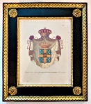 Rara gravura aquarelada Brasão  SEC.XIX , med.30 x 35 cm , representando o conde de ...Luís Antônio,  Duque de Enghien (em francês: Louis-Antoine-Henri de Bourbon-Condé, duc d'Enghien; Chantilly, 22 de agosto de 1772  Vincennes, 21 de março de 1804) foi um nobre francês, príncipe de sangue executado às ordens de Napoleão Bonaparte depois de ter sido aprisionado em território germânico, conduzido para Vincennes e sujeito a um julgamento cujo veredicto já estava predeterminado pelo Primeiro Cônsul Napoleão. A sua execução causou comoção entre a aristocracia europeia e levou ao resfriamento das relações de Napoleão Bonaparte com o papa Pio VII e com a maioria dos monarcas europeus. Mais famoso na morte do que em vida, a execução do duque dEnghien transformou o jovem supliciado numa das grandes figuras românticas do início do século XIX.